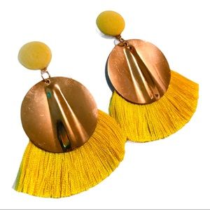 Gold Tone Circle Yellow Tassel Earrings
